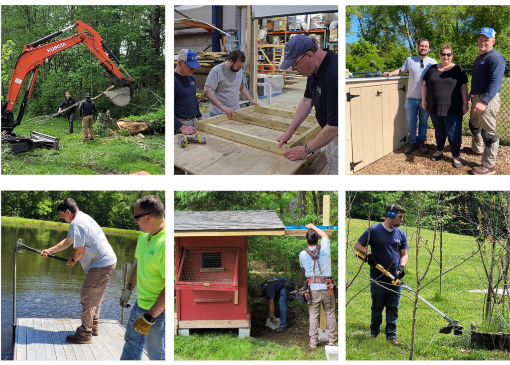 6 Photo collage of the Outdoor Personia Team cleaning up someones yard and installing some new structures