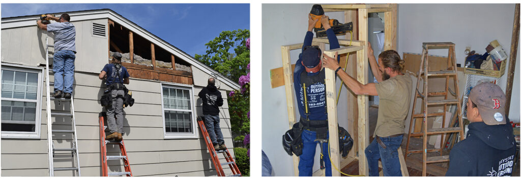 2 photo collage of the Outdoor Personia Team fixing someone's siding and building something in someone's house