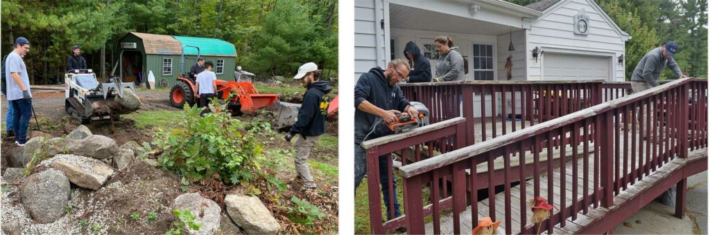 2 photo collage of the Outdoor Personia Team cleaning up someone's backyard and stripping the old paint off of someone's deck in preparation for a new coat of paint