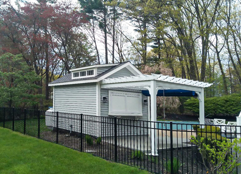 Cedar Sided Pool House with Attached Pergola