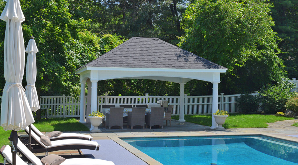 Custom pavilion adding shade by the pool