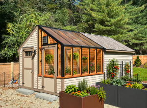 Outdoor Personia beverly shed greenhouse combo in use