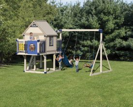Vinyl swing set with a playhouse.