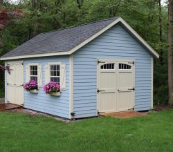 This 14x20 backyard storage shed looks good and is durable with vinyl siding and shingle roof, plus has 2 double doors for easy access