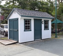 8x14 Commercial shed featuring T1-11 siding  saltbox style roof.