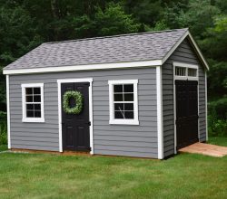 This 12x16 storage shed is good looking with its vinyl siding exterior and shingle roof and is very practical with double doors and equipment ramp