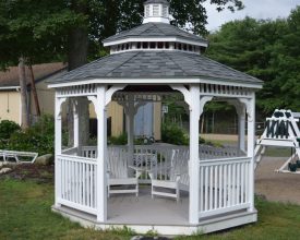 Commercial gazebo with pagoda roof and composite deck.