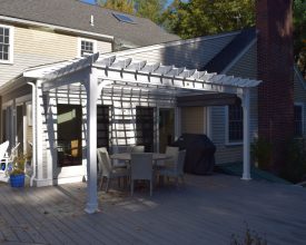 Custom attached to house pergola, made with all vinyl materials to last a lifetime.