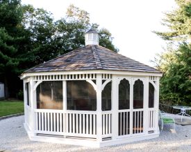20' Octagon Dutch Gazebo with double doors, screens and shingled roof, lots of room for relaxing without worrying about insects.