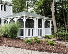 Gazebo with removable screens, beautiful trim, and its all vinyl construction, for years of durability.