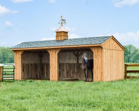This horse barn structure features a open shed design with cedar siding, shingle roof, and cupola accent.