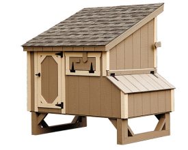 Chicken Coop with a shed style roof and features nesting boxes, fresh air door, and a door for cleaning access.