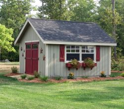 This 12x16 custom shed features vertical siding window boxes, transom windows in double doors.