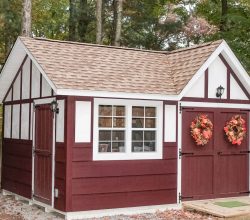 This 10x18 personalized storage shed featuring unique tudor style with electrical package.