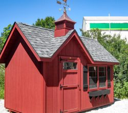 8x12 Shed has a unique design with steep roof and gable over the door a cupola accent, all painted red with gray  shingles and black window box and shutters