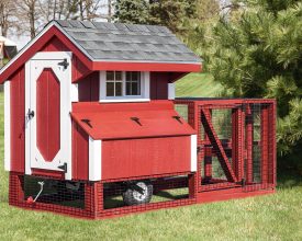 This chicken coop is made to look good anywhere plus its practical with the run area and the tires underneath for portability.