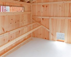 Chicken Coop interior designed with roosting rails and solid pine board construction, look good for many years.