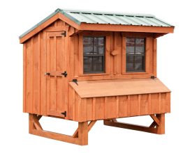 This chicken coop features 2 sliding windows with screens, nesting boxes and large access door for easy cleaning.