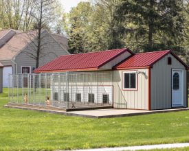 This custom dog kennel features, 5 runs plus a room for storage.
