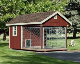 Dog Kennel with painted vertical siding, shingle roof and chainlink run area.