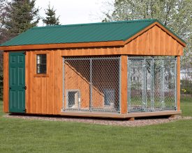 Dog Kennel with 2 runs for larger dogs, features cedar siding and metal roof.