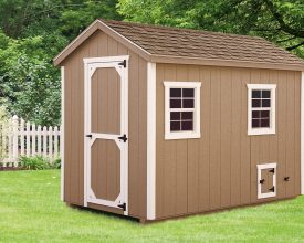 Chicken Coop with vertical painted siding, and white trim, with a shingled roof plus a full sized walk door.