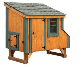 This small chicken coop has room for a few backyard hens, features a small run door and a window, plus a shingle roof.