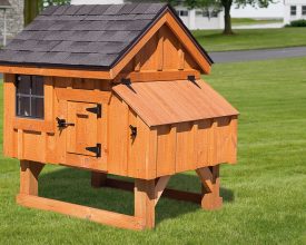 Chicken Coop is small with nesting boxes, and is built with cedar construction and a shingled roof.
