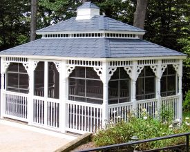 12x18 Colonial Style Gazebo with Pagoda roof and victorian braces. This screened gazebo is large, has beautiful looks, and a cupola.