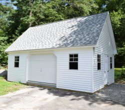 Custom 14x24 shed featuring windows, a single door, a garage door, windows, and an A Frame roof.
