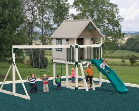Vinyl swing set with a playhouse.