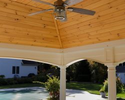 Inside of Custom Pool House with ceiling fan