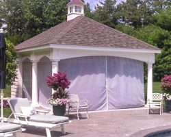 Custom Pool House with screen curtains closed