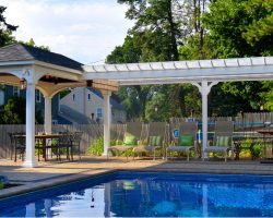 pergola and pavilion combo structure by poolside in Worcester, MA