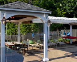view with pavilion in foreground and pergola in background